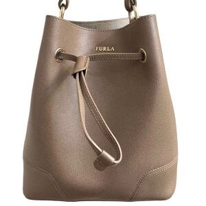 Furla taupe light cafe top handle draw string bucket bag